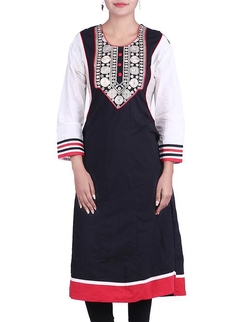 black embroidered cotton straight kurta - 9937032 - Very Small Image - 1