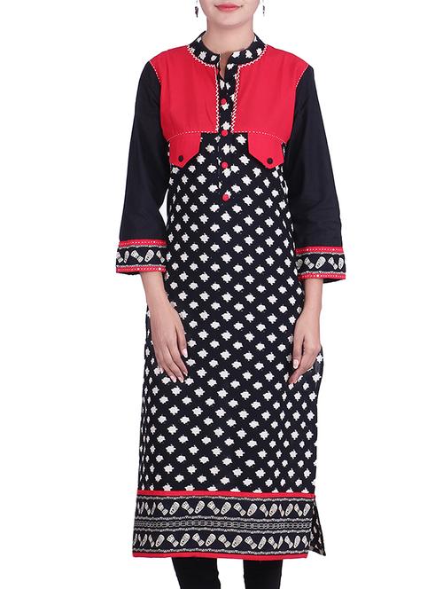 black color cotton straight kurta - 9937035 - Very Small Image - 1