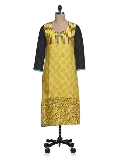 yellow cotton straight kurta - 994139 - Very Small Image - 1