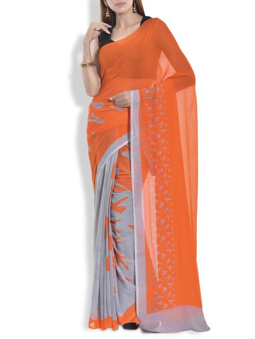orange and grey abstract print chiffon saree - 9963981 - Very Small Image - 1