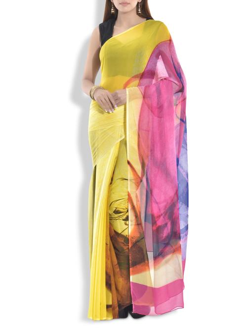 yellow abstract print chiffon saree - 9963985 - Very Small Image - 1