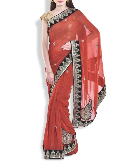 rust appliquã© work georgette saree - 9970504 - Very Small Image - 1