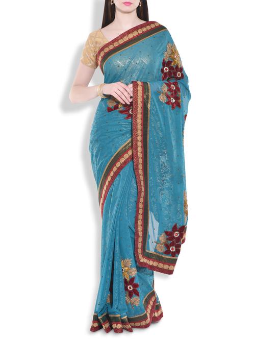 teal appliquã© work georgette saree - 9970517 - Very Small Image - 1