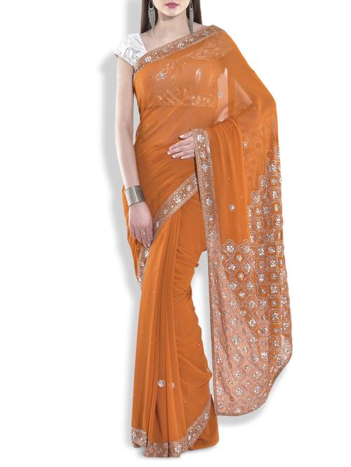 Muted orange embellished georgette saree - 9970525 - Very Small Image - 1