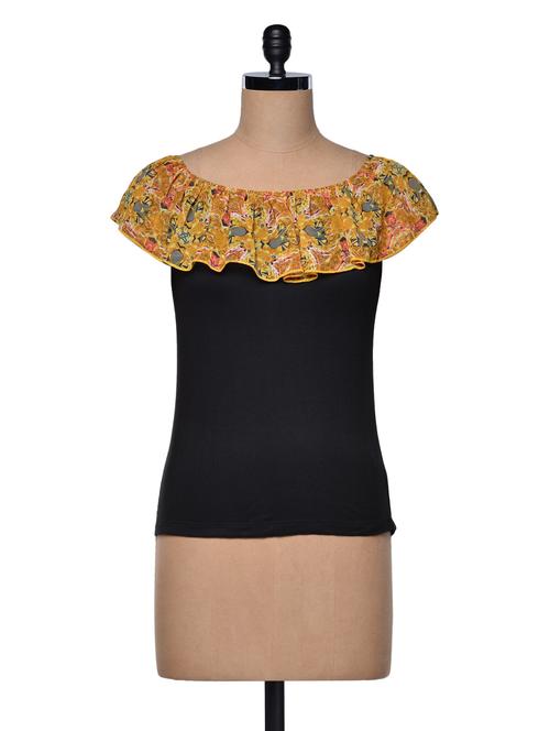black boat neck top with printed frill - 997124 - Very Small Image - 1