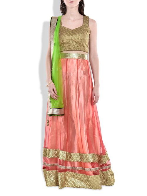 green,red,gold net lehenga - 9977558 - Very Small Image - 1