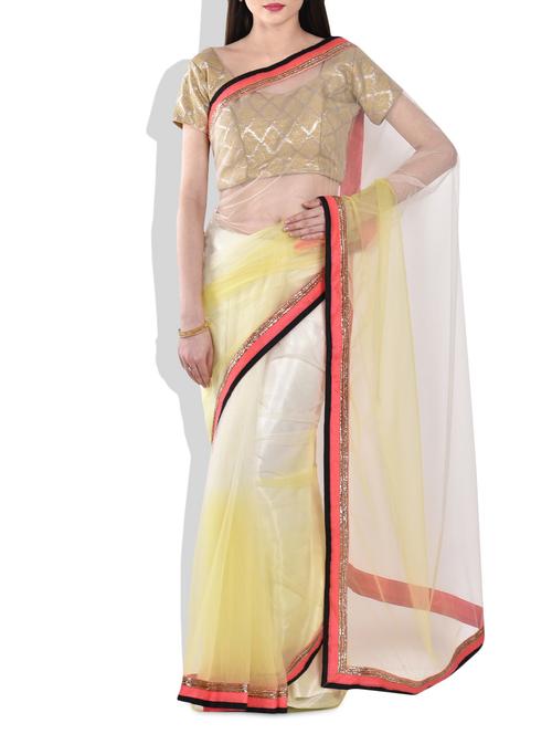 yellow,off white saree - 9977670 - Very Small Image - 1