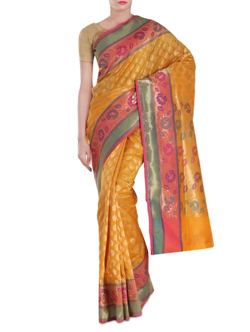 dark yellow crepe saree - 9978765 - Very Small Image - 1