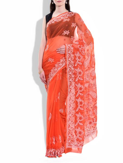 Orange Poly Georgette Chikankari Saree - 9981440 - Very Small Image - 1