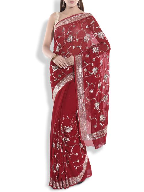 red floral sequined georgette saree - 9983694 - Very Small Image - 1