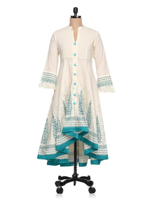 white embroidered asymmetrical cotton kurta - 998681 - Very Small Image - 1