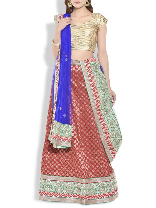 maroon dupion silk brocade unstitched lehenga set - 9990592 - Very Small Image - 1