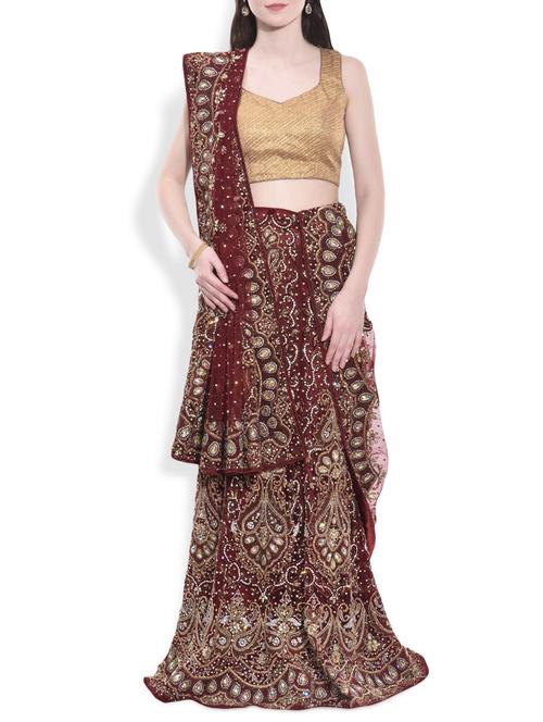 maroon embellished net unstitched lehenga set - 9993550 - Very Small Image - 1