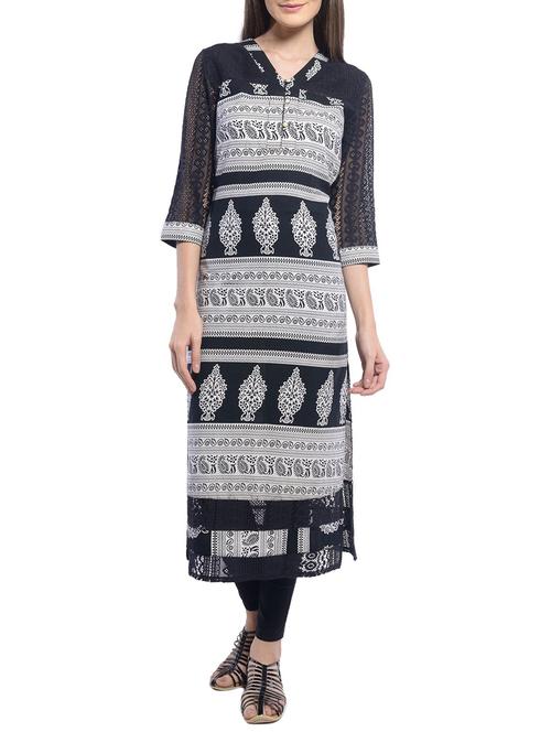 black printed cotton kurta - 10004366 - Very Small Image - 1