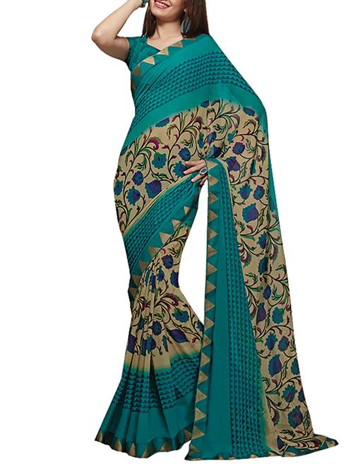 ishin georgette blue & beige printed fancy saree - 10008404 - Very Small Image - 1