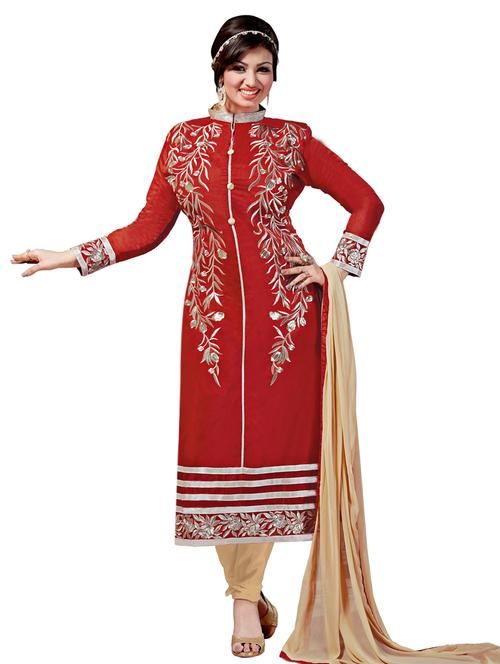 red chanderi silk unstitched suit set - 10009939 - Very Small Image - 1