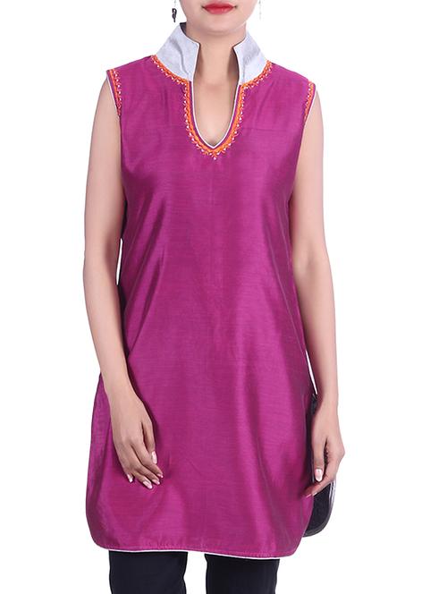 dark pink chanderi kurti - 10010301 - Very Small Image - 1