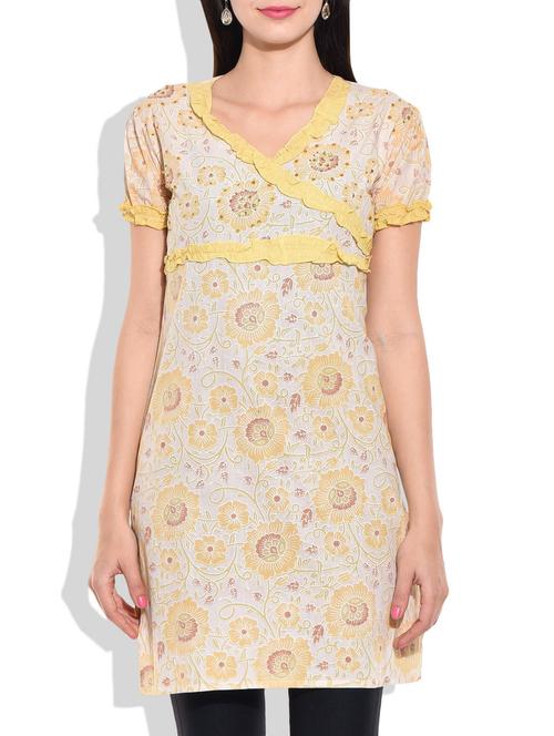 beige cotton printed kurti - 10015588 - Very Small Image - 1