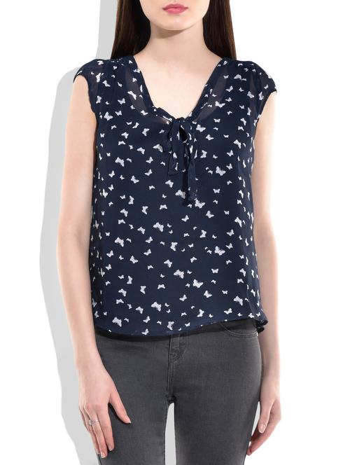 navy blue,white poly georgette top - 10016572 - Very Small Image - 1