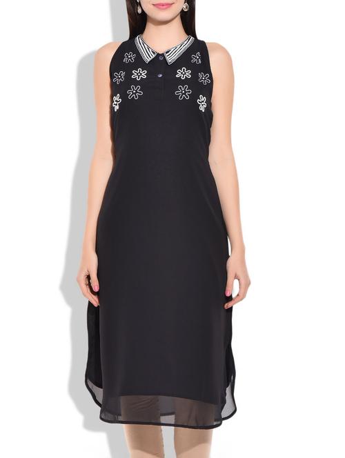 black, white poly georgette kurta - 10024778 - Very Small Image - 1