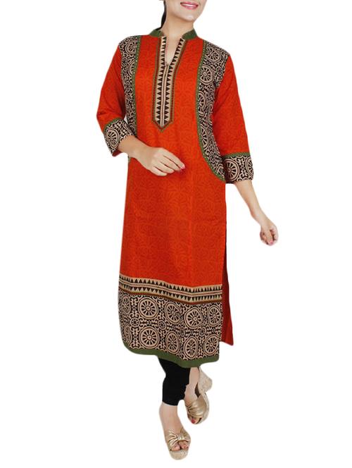 orange cotton straight kurta - 10033932 - Very Small Image - 1