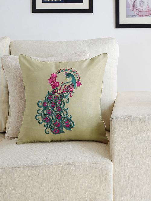 beige peacock embroidered polyester cushion cover - 10037242 - Very Small Image - 1
