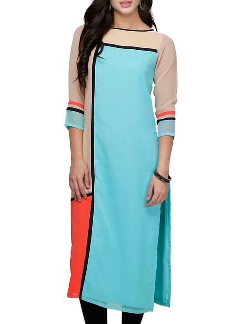 turquoise georgette straight kurta - 10039882 - Very Small Image - 1