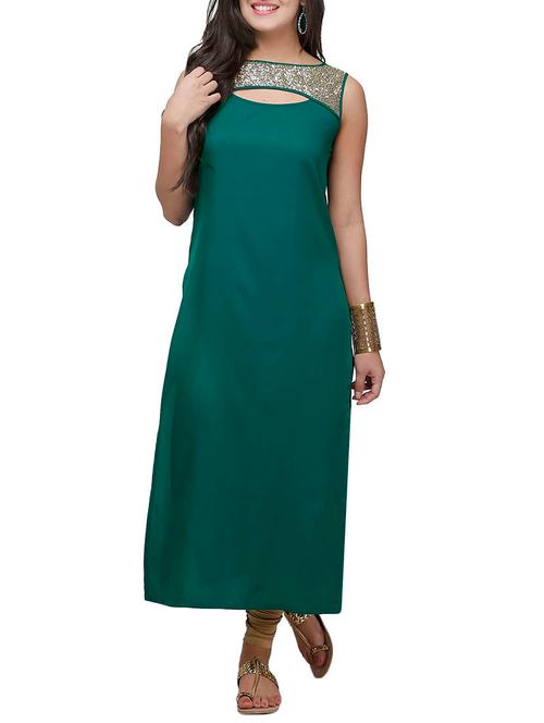 green crepe solid long kurta - 10039897 - Very Small Image - 1