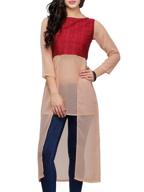 maroon & beige cotton high-low kurta - 10039903 - Very Small Image - 1