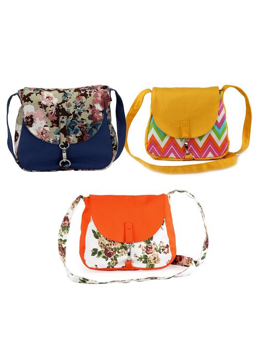 set of 3 multicolored printed canvas sling bag - 10052331 - Very Small Image - 1