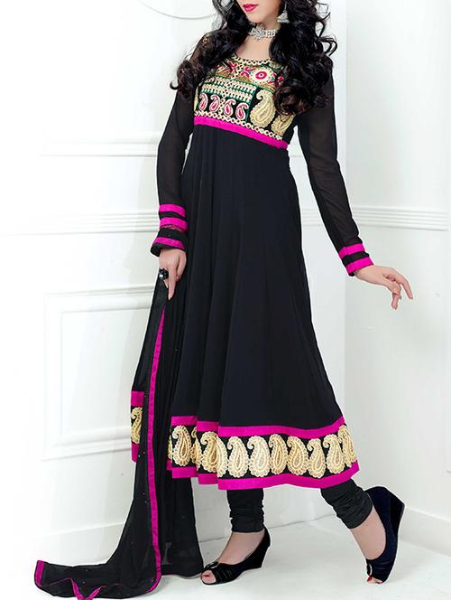 black faux georgette unstitched suit - 10058674 - Very Small Image - 1
