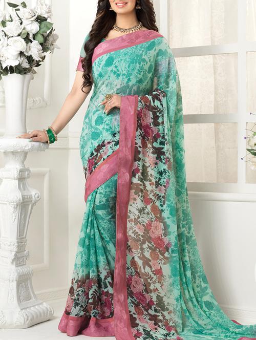 aqua , pink georgette saree - 10072696 - Very Small Image - 1