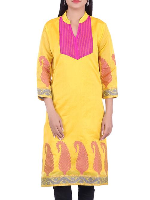 yellow chanderi straight kurta - 10082435 - Very Small Image - 1