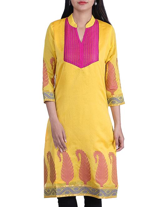 yellow silk straight kurta - 10082436 - Very Small Image - 1