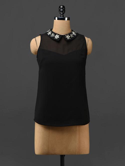 embellished collar sheer yoke georgette top - 1008466 - Very Small Image - 1