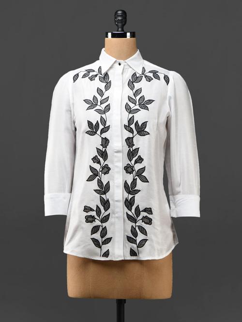 white leaves thread embroidered  shirt - 1008476 - Very Small Image - 1