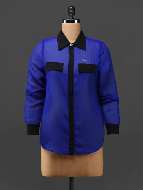 royal blue & black concealed placket shirt - 1008505 - Very Small Image - 1