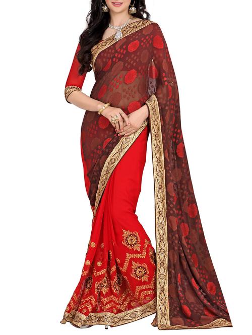 red, brown georgette saree - 10099192 - Very Small Image - 1