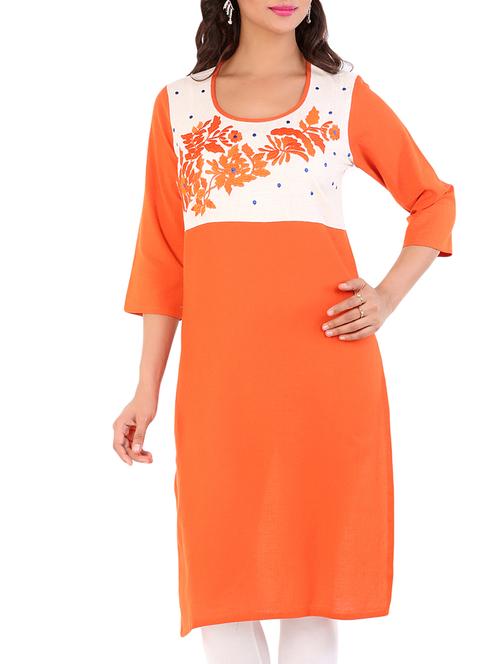 dark orange cotton straight kurta - 10103376 - Very Small Image - 1