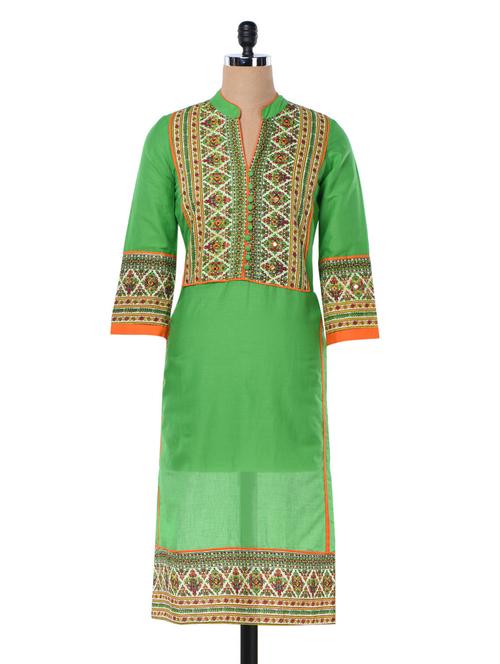printed green kurta with mirror work - 1010531 - Very Small Image - 1