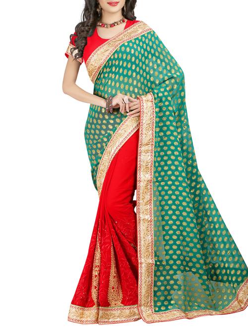 green,red georgette saree - 10111838 - Very Small Image - 1