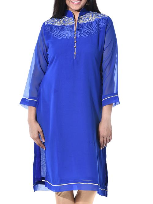 royal blue poly georgette kurta - 10147596 - Very Small Image - 1