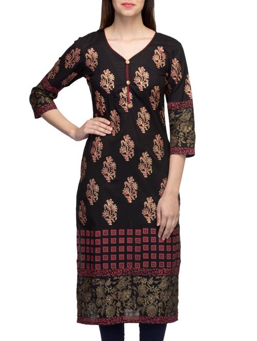 black cotton block printed straight kurta - 10157388 - Very Small Image - 1