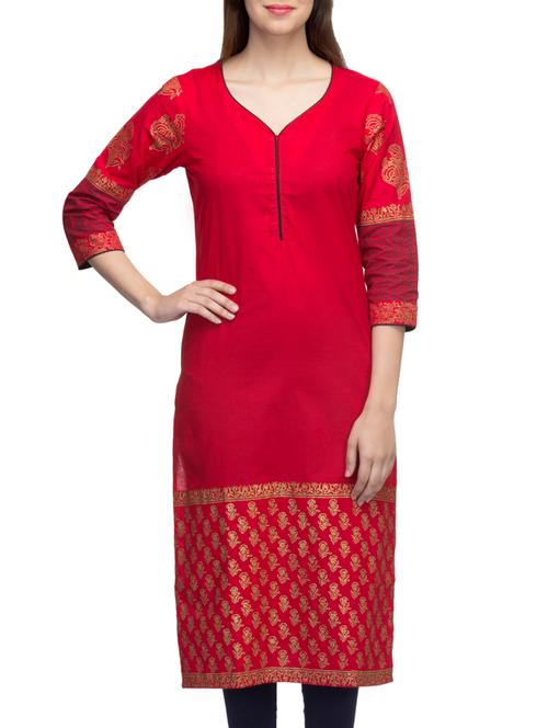 red cotton block printed straight kurta - 10157391 - Very Small Image - 1