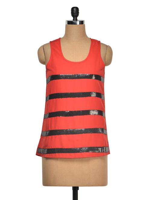 Sleeveless Sequined Stripe Top - 1016021 - Very Small Image - 1
