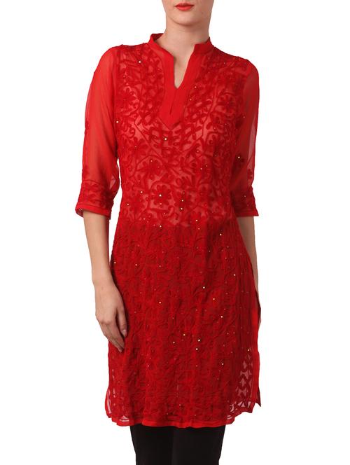 red faux georgette kurta - 10251306 - Very Small Image - 1