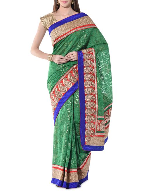 dark green net saree with brasso work - 10266720 - Very Small Image - 1