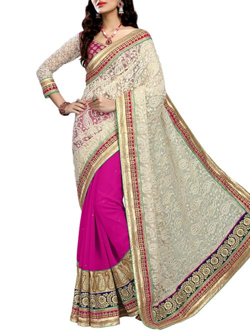 Beige & pink georgette embroidered half and half saree - 10291324 - Very Small Image - 1