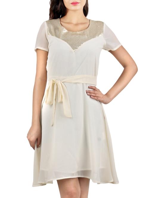 sequinned half sleeve beige dress - 10296502 - Very Small Image - 1