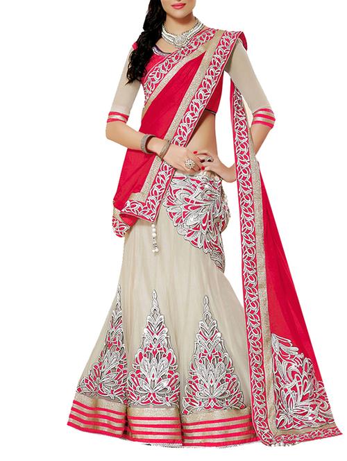 beige & red georgette flared lehenga - 10300697 - Very Small Image - 1